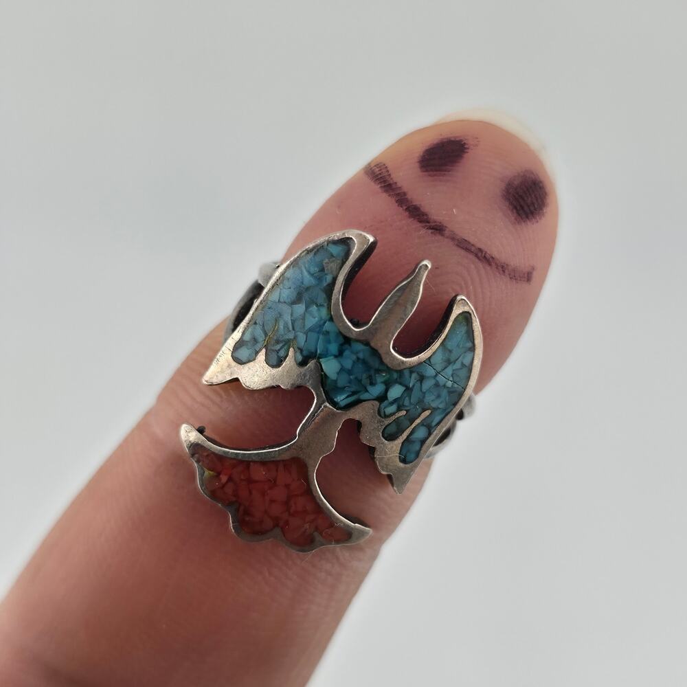 STERLING SILVER Ring TURQUOISE Red CORAL CHIPS EAGLE SOUTHWEST SZ 5.50 Vintage
